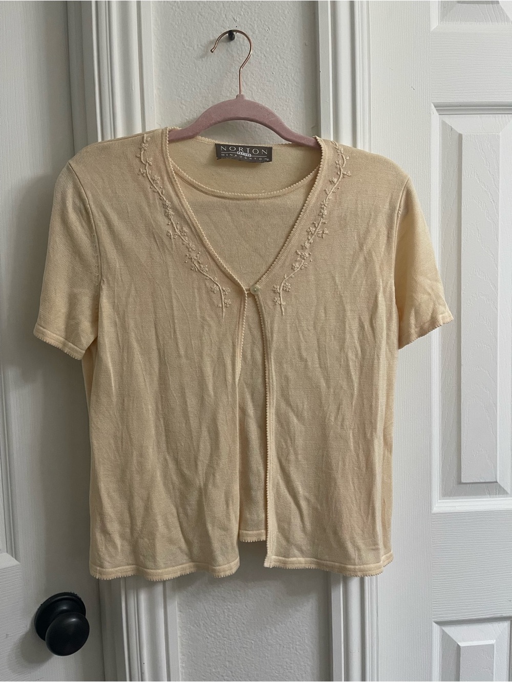 Norton McNaughton Pale yellow  Short-Sleeve Knit Cardigan with Embroidered Trim
